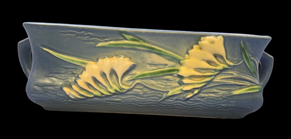 Vintage ROSEVILLE Art Pottery FREESIA Blue Ceramic Window Box Planter