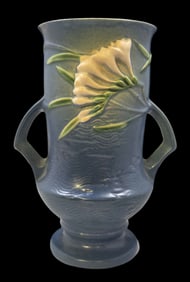 Vintage ROSEVILLE Art Pottery FREESIA Blue Ceramic Vase