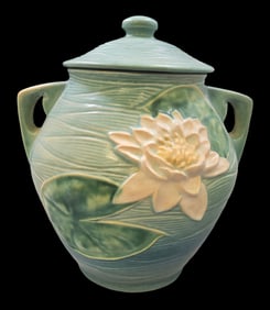 Vintage ROSEVILLE Art Pottery WATER LILY Blue Ceramic Lidded Urn