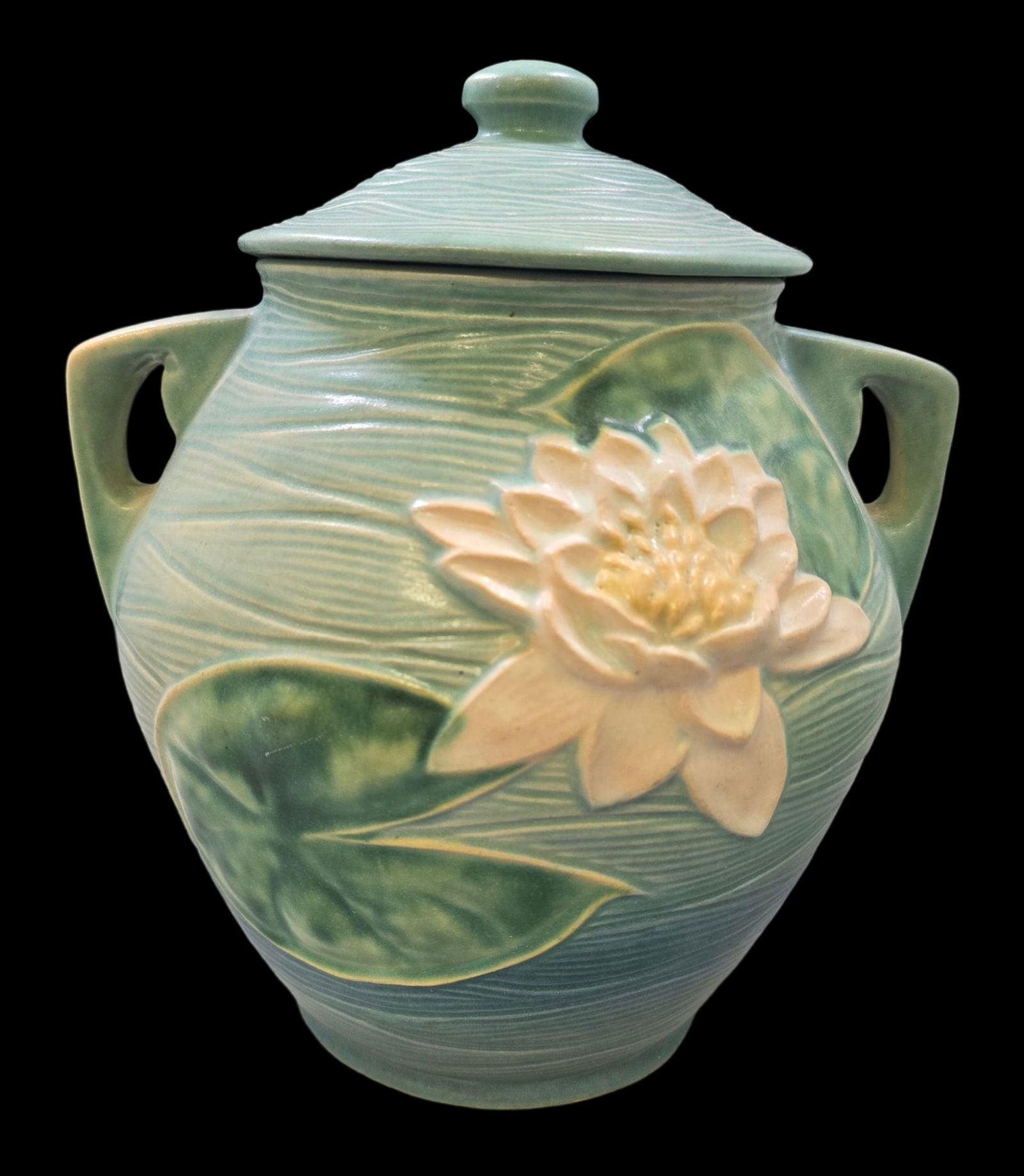 Vintage ROSEVILLE Art Pottery WATER LILY Blue Ceramic Lidded Urn (1 of 8)
