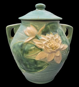 Vintage ROSEVILLE Art Pottery WATER LILY Blue Ceramic Lidded Urn