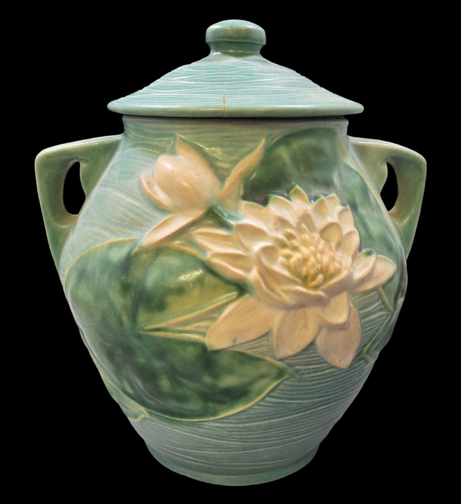 Vintage ROSEVILLE Art Pottery WATER LILY Blue Ceramic Lidded Urn (1 of 9)