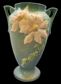 Vintage ROSEVILLE Art Pottery CLEMATIS Blue Ceramic Vase
