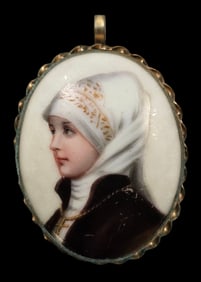Rare Antique 19th Century Gold Plated Frame & Miniature Porcelain Nun Portrait Pendant Brooch