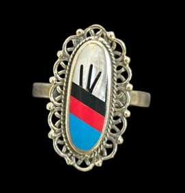 Vintage Native American Zuni Sterling Silver & Inlaid Gemstone Ring