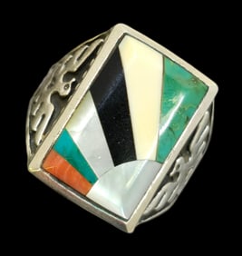 Vintage Native American Zuni Sterling Silver & Inlaid Gemstone Rising Sun Ring