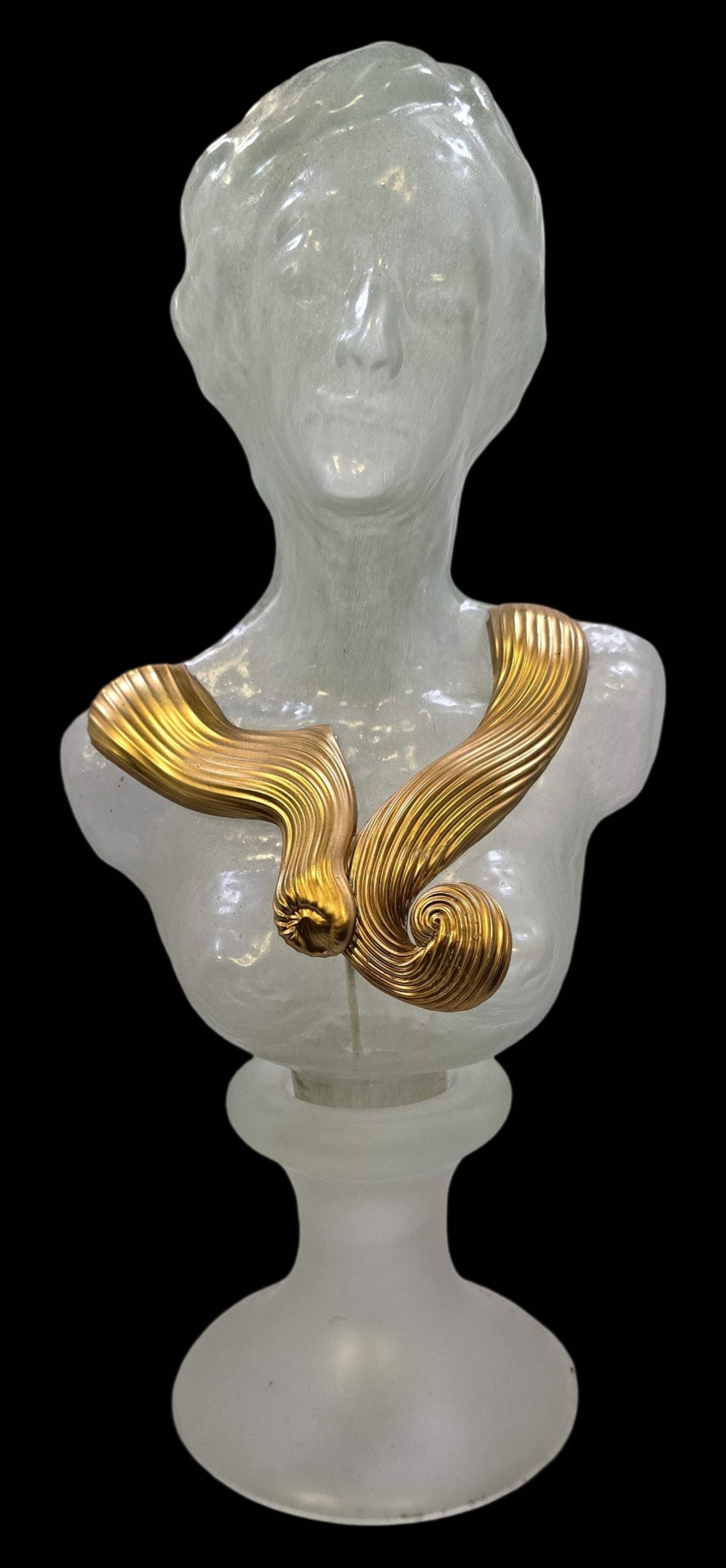Vintage Italian Glass Bust with Gold Metal Accents: Very good vintage condition with some patina according to age, please see pictures. Measures approx. 18" high x 8" wide.