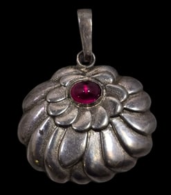 Very Unusual Vintage Mid-Century Modern Sterling Silver & Red Gemstone Pendant