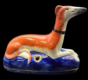 Antique Handpainted Staffordshire Porcelain Greyhound Dog Pen Holder