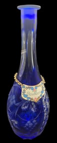 Vintage Austrian Cobalt Blue Cut-to-Clear Crystal Decanter /w Hand Enameled Liquor Label