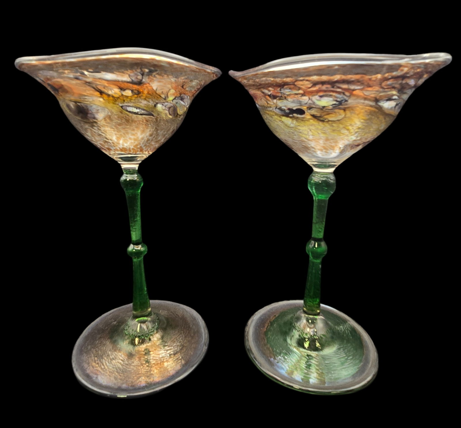 Pair of Antique Mouthblown Art Glass Liquor Glasses: Very good vintage condition with minor wear according to age, please see pictures. No cracks or repairs. Each measures approx. 7 1/2" high x 4 3/4" in diameter.