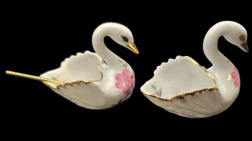 Pair of Vintage LIMOGES France Handpainted Porcelain Swan Salt Cellars