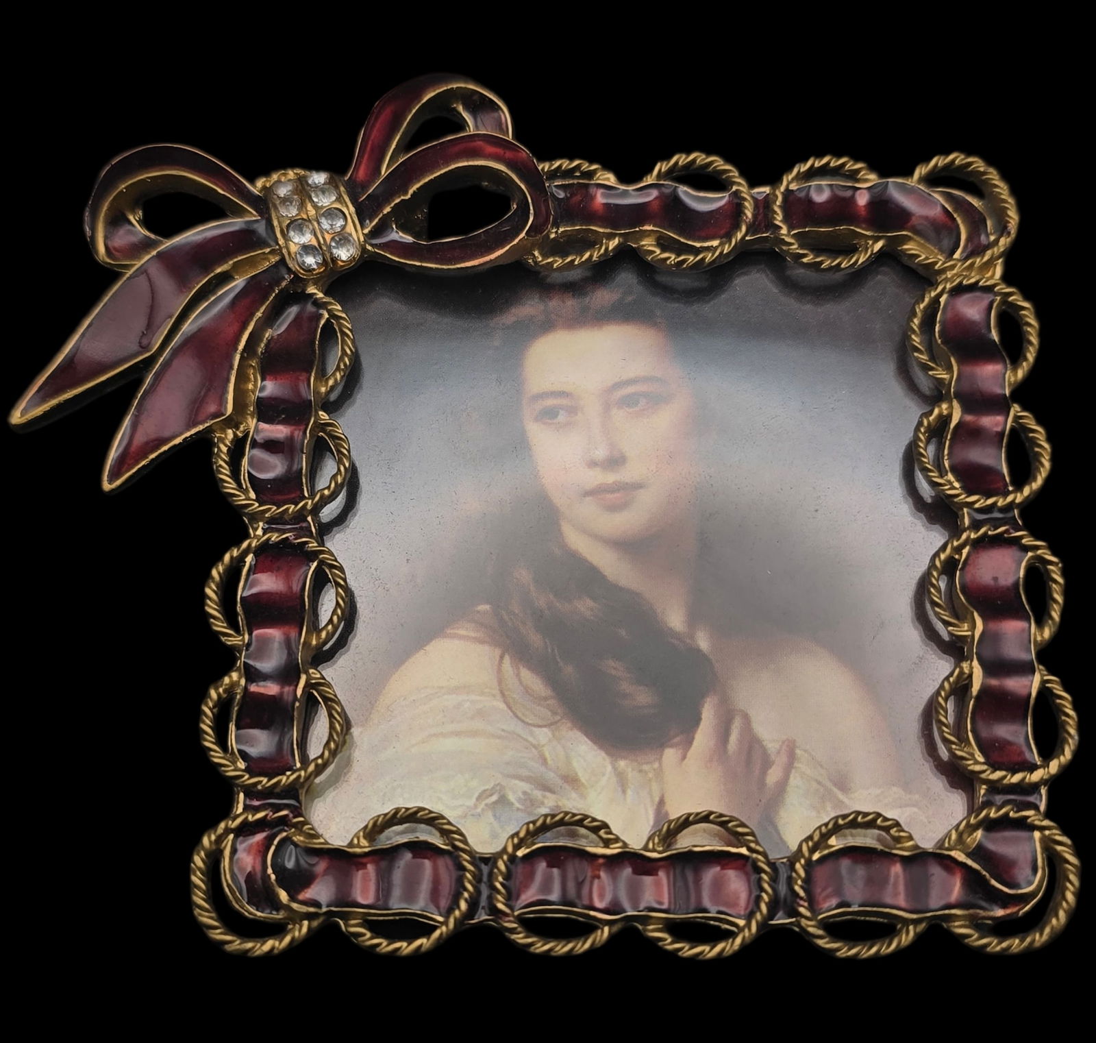 Unusual Vintage Goldtone Metal & Enamel Picture Frame: Very good vintage condition with minor wear according to age, please see pictures. No cracks or repairs. Measures approx. 3 1/2" high.