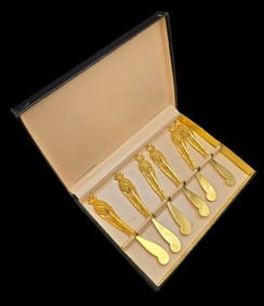 Set of 6 Vintage JANIS Collection 24k Gold Plated Pineapple Handle Spreader Knives