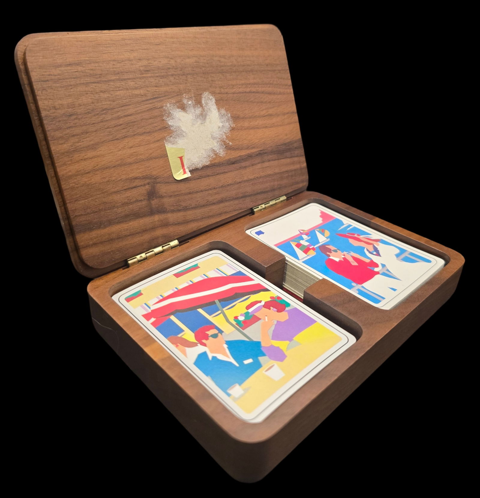 Vintage 1980s KENT Carved Wood Cigarette Box /w 2 Full Decks of Lorillard Playing Cards (1 of 6)