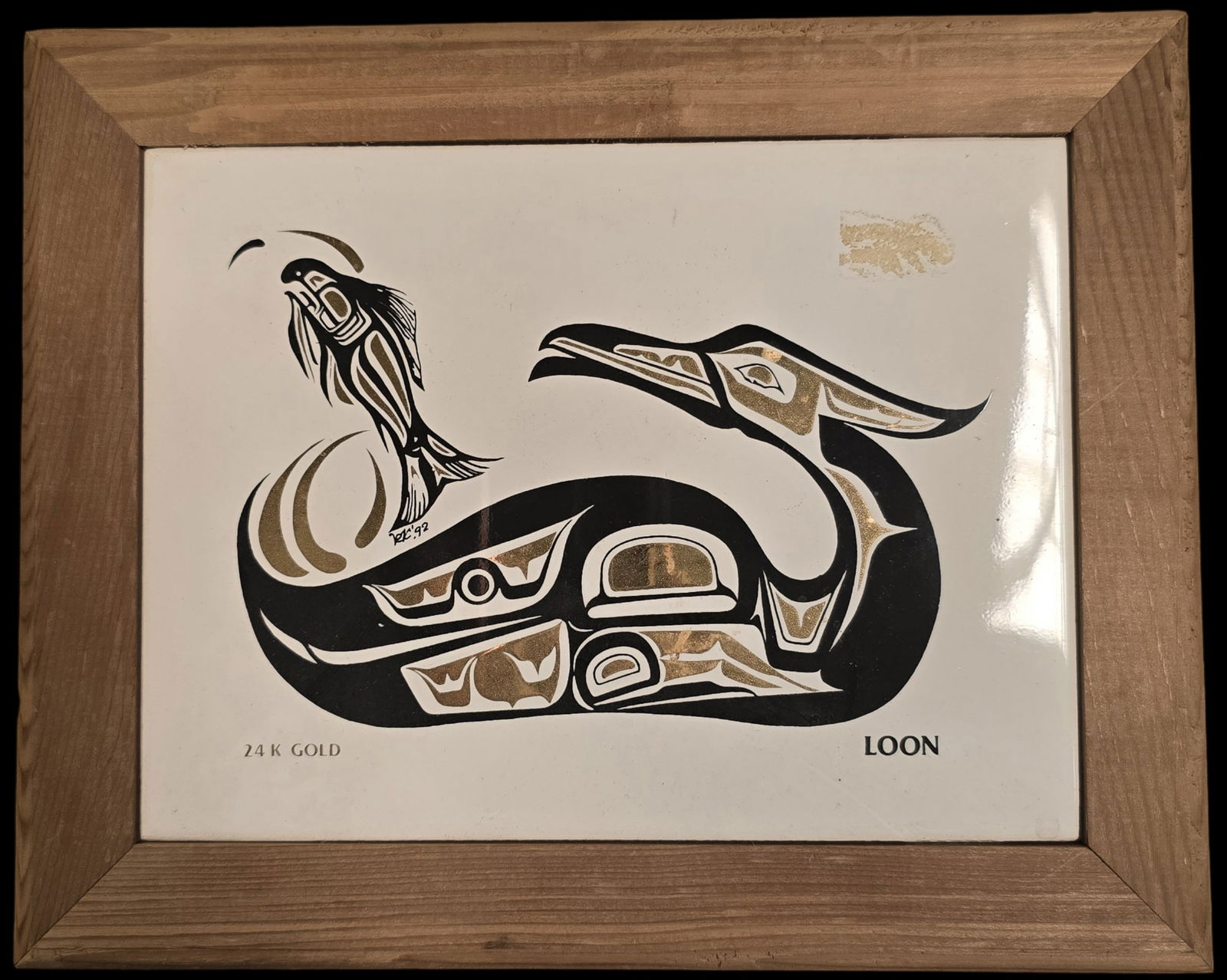 Vintage Native American Haida RICHARD KRENTZ 24K Gold Wood-Framed Tile Wall Art: Very good vintage condition with minor wear according to age, please see pictures. No cracks or repairs. Measures approx. 10" high x 8" wide. Signed.