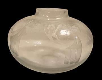 Vintage Native American PERRY COYLE Etched Art Glass Vessel