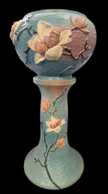 Large Vintage ROSEVILLE Art Pottery MAGNOLIA Blue Ceramic Planter on Pedestal