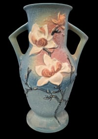 Large Vintage ROSEVILLE Art Pottery MAGNOLIA Blue Ceramic Floor Vase