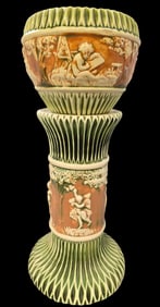 Large Vintage ROSEVILLE Art Pottery DONATELLO Brown & Green Ceramic Planter on Pedestal