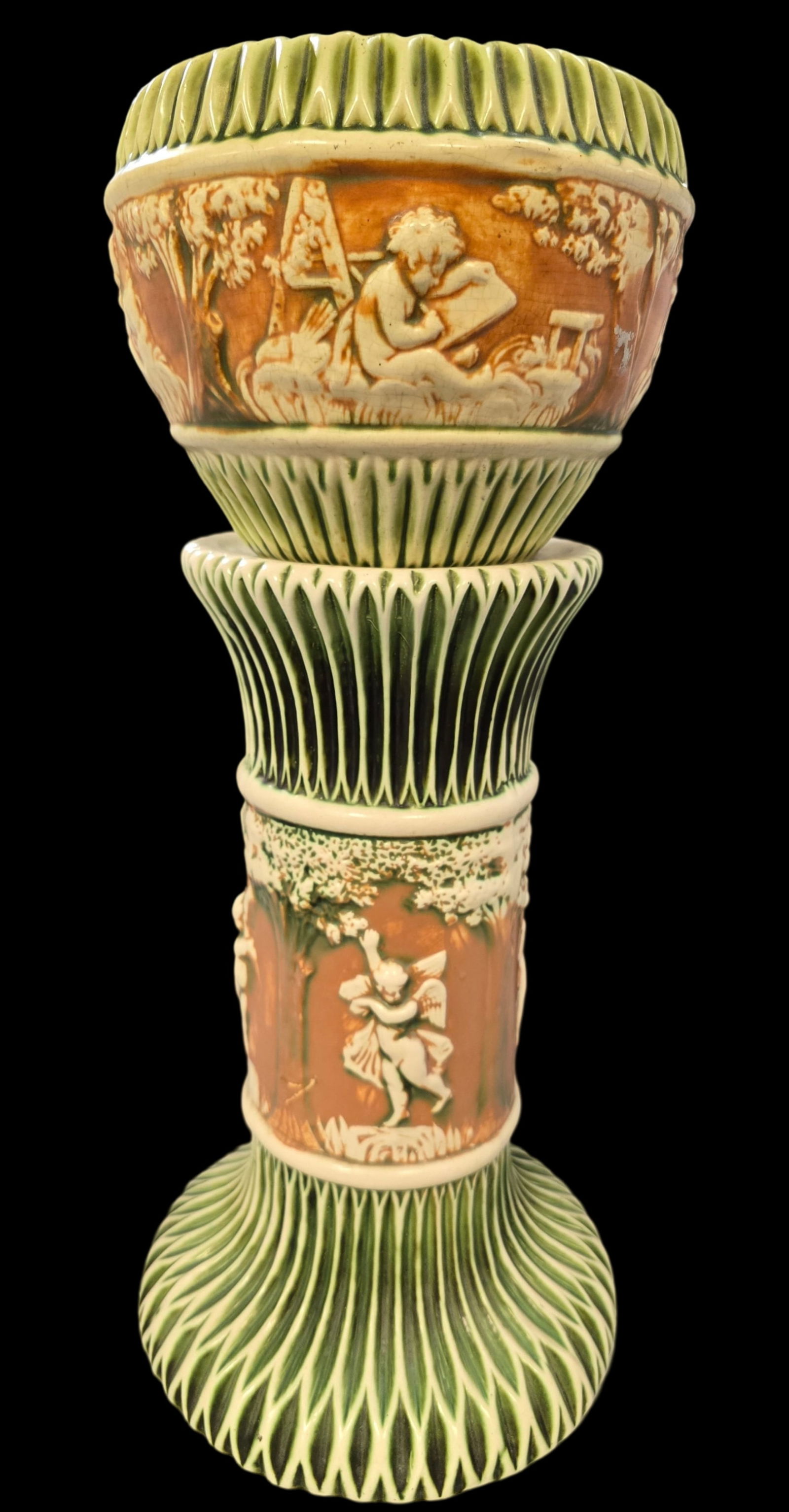 Large Vintage ROSEVILLE Art Pottery DONATELLO Brown & Green Ceramic Planter on Pedestal (1 of 9)