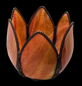 Vintage Mid-Century Two-Tone Amber Stained Glass Hanging Lamp Shade