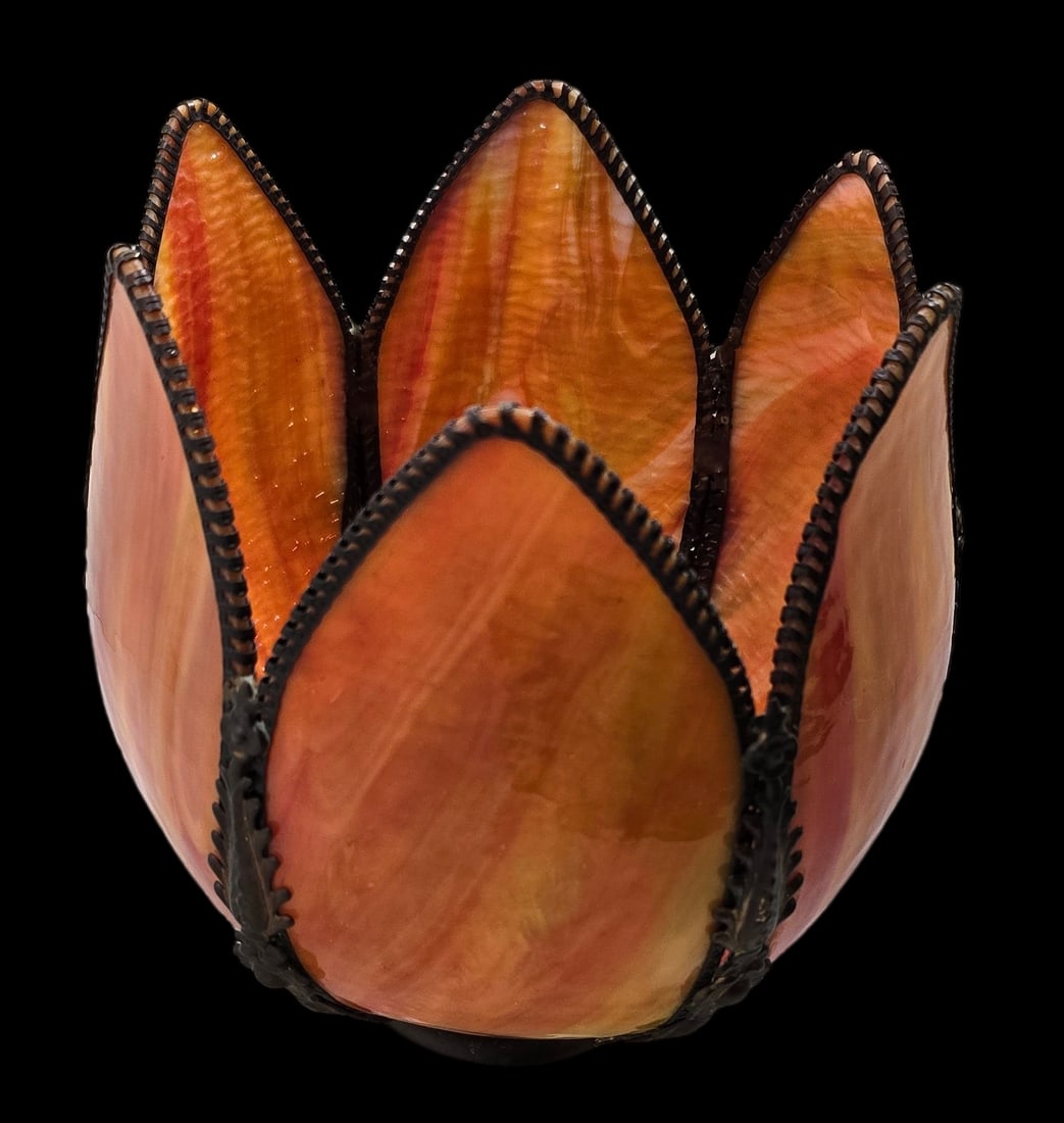 Vintage Mid-Century Two-Tone Amber Stained Glass Hanging Lamp Shade (1 of 5)