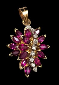 Stylish Vintage 14k Yellow Gold, Diamond & Ruby Pendant