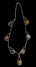 Unusual Mid-Century Modern Sterling Silver & Caged Gemstones Necklace