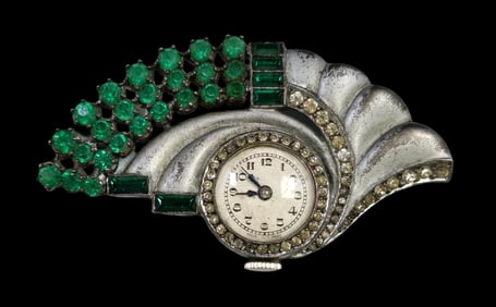 Vintage Art Deco Silvertone Metal & Green Rhinestone Watch Pin Brooch