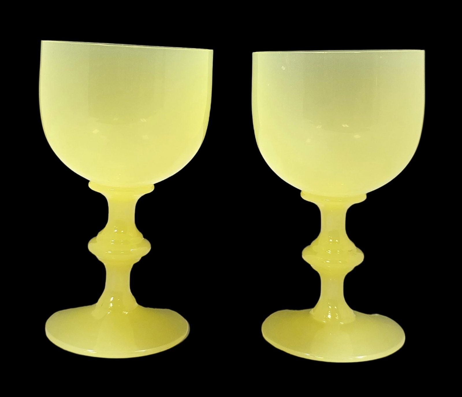 Rare Set of 2 Vintage Art Deco PORTIEUX VALLERYSTHAL France Yellow Cordial Wine Glasses: Very good vintage condition with minor wear according to age, please see pictures. No chips, cracks, or repairs. Each Measures approx. 5" high x 3" wide