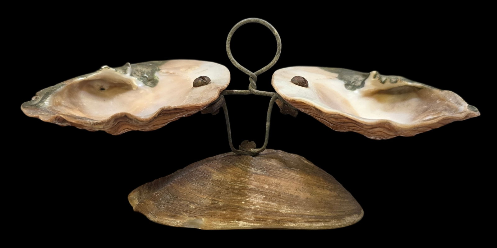 Antique Handmade Oyster Shell Mother-Of-Pearl Ring Dish: Very good vintage condition with minor wear according to age, please see pictures. No chips, cracks, or repairs. Measures approx. 4" high x 8" wide