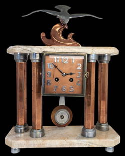 Art Deco MICHEL DECOUX (French, 1837-1924) Marble Mantel Clock /w Bronze Seagull Sculpture: Imposing Art Deco clock with bird sculpture, signed DECOUX, France, ca. 1920 by Michel Decoux (1837-1924). Brown Belgian marble, bronze and chromed metal. Movement in working condition. With strike on