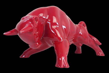 Vintage Mid-Century Modern ROYAL HAEGER Red Bull Ceramic Sculpture: Very decorative large scale red bull designed by Eric Olsen for Haeger pottery and made around 1960. Good vintage condition with one chip to one horn tip; one air hole on the underside of the tail whi