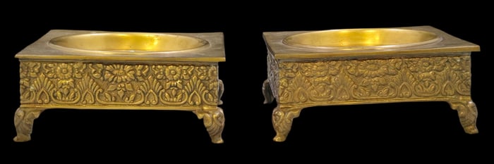 Heavy Pair of Vintage Square Brass Candle Holders /w Floral Decor