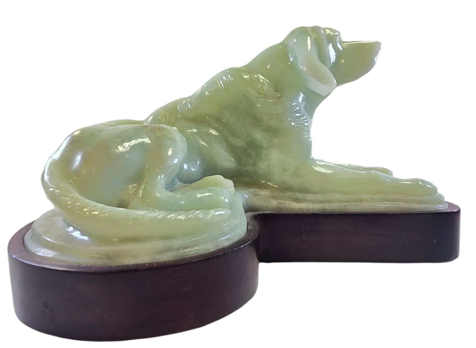 Vintage Hand Carved Semi-Precious Gemstone Dog Figurine on Custom Wood Stand: Very good vintage condition; no chips, cracks, or repairs. Measures approx. 9" long x 4" high.