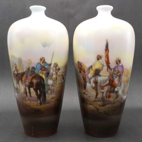 Pair of Rare Antique ca. 1900 ROYAL BAYREUTH Egyptian Oriental Scene Bud Vases