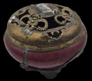 Antique Asian Brass & Red Ceramic Dragon Incense Burner - Signed