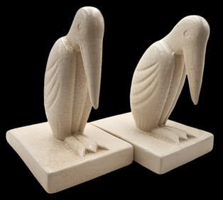 Art Deco BOCH LA LOUVIÈRE France Craquelé Enamel Ceramic Pelican Bookends