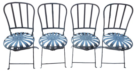Set of 4 Antique French FRANCOIS CARRE Strap Iron Folding Sunburst Garden Chairs