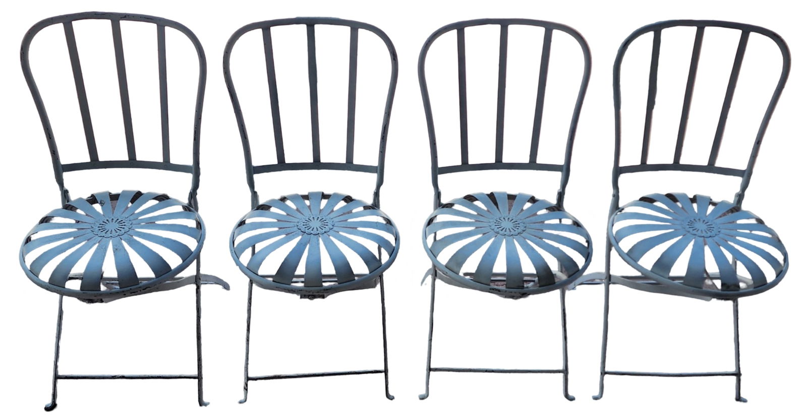 Set of 4 Antique French FRANCOIS CARRE Strap Iron Folding Sunburst Garden Chairs (1 of 8)