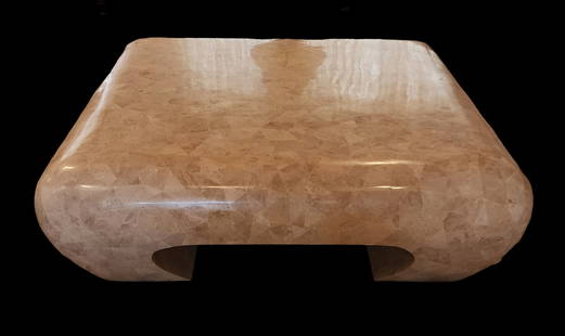 Vintage MAITLAND SMITH Ming Fossil Tessellated Marble Stone Coffee Table: Very rare vintage handmade Maitland Smith (tagged underneath), made in Cebu, Philippines. Very heavy and well-made coffee cocktail table with scroll, Ming-style legs, rounded corners in Hollywood Rege