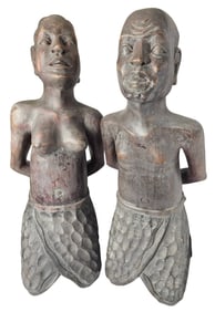 Rare Pair of Antique Hand Carved African Slaves Wood Sculptures