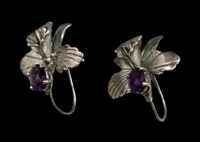 Unusual Pair of Vintage Sterling Silver & Amethyst Signed Designer Floral Earrings