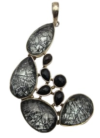 Very Unusual Vintage Sterling Silver & Black Rutilated Quartz Sterling Pendant