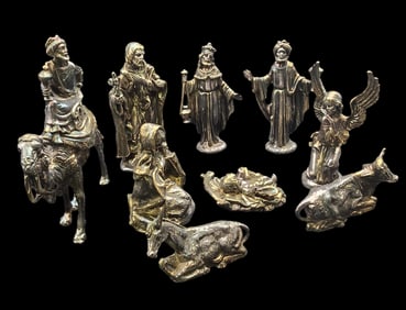 Vintage Sterling Silver Overlay Christmas Nativity Figurine Group of 9
