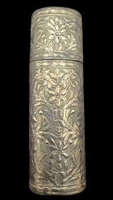 Unusual Antique Hand Chased Sterling Silver Cylindrical Snuff Box /w Floral Designs