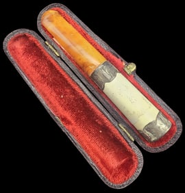 Antique British Sterling Silver & Baltic Amber Cigarette Tip in Original Fitted Case