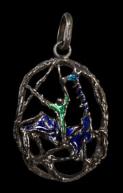 Very Unusual Mid-Century Modern Sterling Silver & Enamel Abstract Pendant