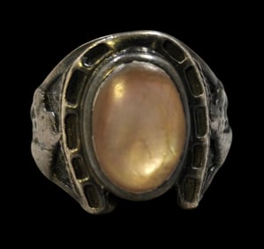 Unusual Vintage Mid-Century Sterling Silver & Gemstone Horseshoe Design Ring